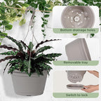 VIDELLY 4 Pcs Hanging Planters,10" Hanging Pots Plastic Hanging Flower Plant Basket with Drainage Trays & Chain Holder for Outdoor Indoor Plants Garden Balcony Decoration, Light Gray