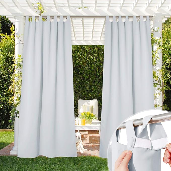 NICETOWN Outdoor Patio Curtain Waterproof with Self-Stick Tab Top for Patio, Room Darkening Outdoor Living Divider Vertical Drape Privacy Protect for Yard/Cabana, 1 Piece, W52 x L108, Greyish White