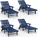 Patio Chaise Lounge Chair Set of 4, Oversized Lounge Chair Outdoor with 5 Positions, HDPE, Patio Lounge Chair with Wheels & Cup Holder for Pool, Deck, Poolside,Navy Blue
