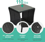 VINGLI Outdoor Wicker Side Table Patio Side Tables for Outside, Tempered Glass Top Wicker Table with Storage End Table for Balcony Porch Deck (Black)