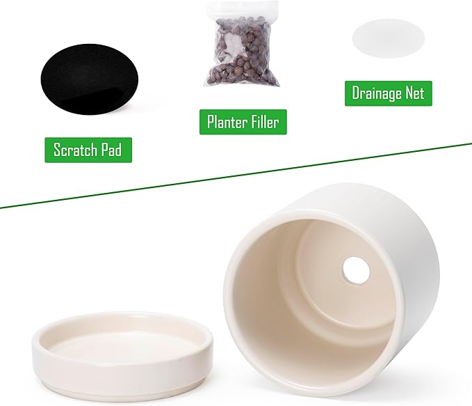 Planters Set of 4 Small Round Ceramic Pots in Oatmeal with Saucers