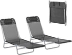 Outsunny 2 Piece Folding Chaise Lounge Chairs, Pool Sun Tanning Chairs with Reclining Back, Breathable Mesh Seat, Headrest for Beach, Yard, Patio, Black