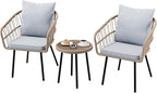 DWVO 3 Piece Patio Bistro Set, Patio Furniture Set Outdoor Wicker Bistro Rattan Chair Conversation Sets with Coffee Table for Yard Backyard Lawn Porch Poolside Balcony, Grey