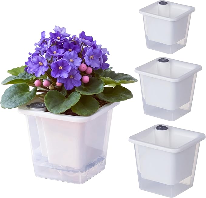 FAMZ Self Watering Pots for Indoor Plants 3 Pack，Clear Plant Pots with Drainage for African Violet、 Orchid、Succulent Plants Square Plant Pots（White 5.12"）
