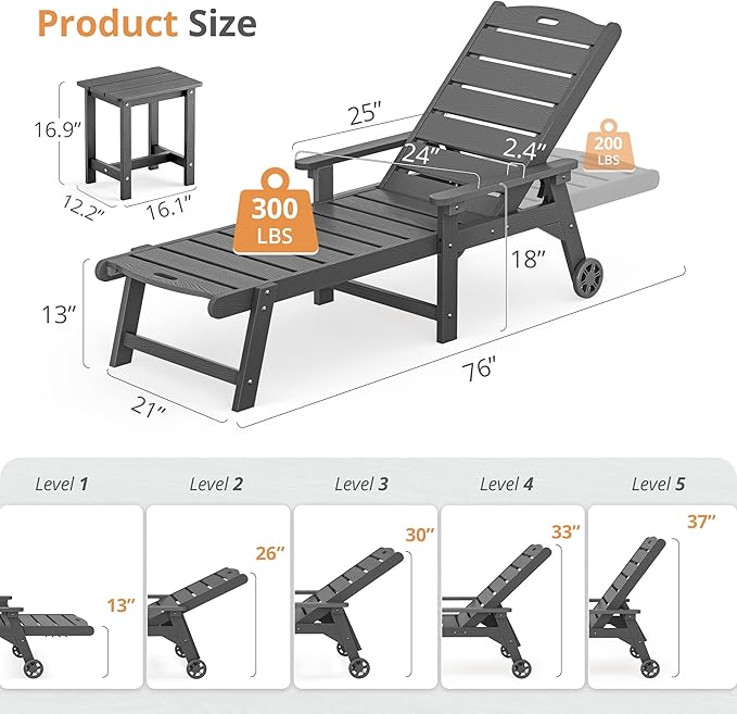 LUE BONA Chaise Lounge Chair with Table, 3-Piece, HDPS Chaise Lounger, 5 Positions Adjustable Lounge Chairs, Pool Lounge Chair with Wheels for Poolside, Backyard, Dark Gray