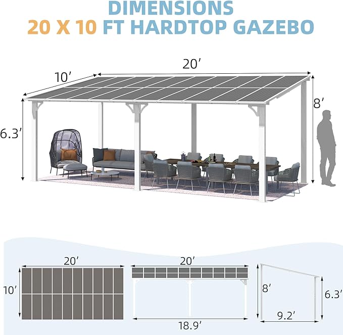 AECOJOY 20' x 10' White Gazebo Outdoor Pergola for Patio, 10x20 Large Wall-Mounted Hard Top Lean to Metal Gazebo Shelter Pergolas and Gazebos Clearance with Patio Roof, Heavy Duty Awnings for Backyard