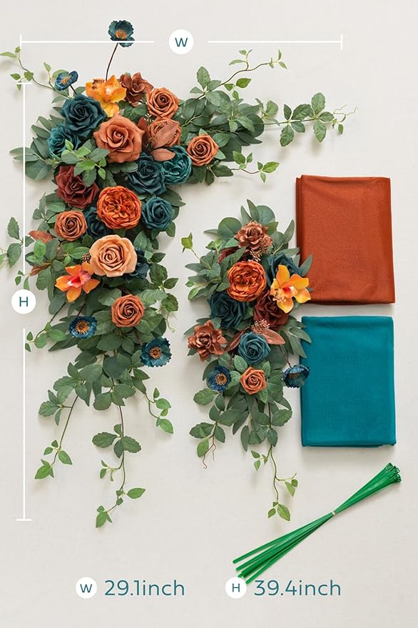 Artificial Flowers Wedding Arch Kit, Teal and Burnt Orange, 4 Piece Set