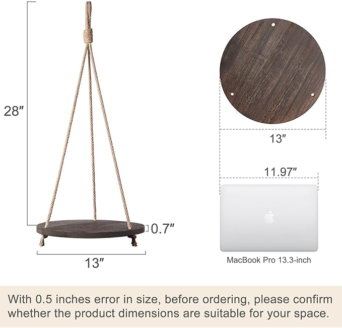 Dahey Hanging Plant Shelf Round Wood Rope Hanging Floating Shelf Vintage Home Decor Display Planter Rack for Living Room Bedroom Kitchen, Dark Brown