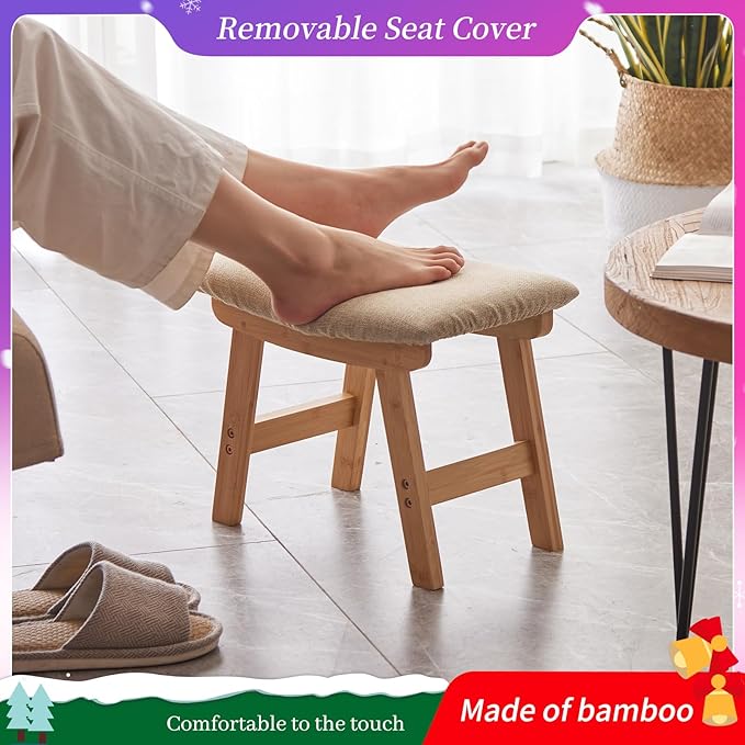 Foot Stool,Ottoman,Bamboo Small Sofa Foot Rest Under Desk,Extra Seating for Living Room, Bedroom and Kitchen (Natural Stool Legs - Beige Surface)