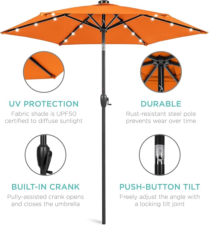 Best Choice Products 7.5ft Outdoor Solar Market Table Patio Umbrella for Deck, Pool w/Tilt, Crank, LED Lights - Orange