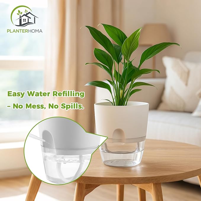 Planterhoma 5 Pack Self Watering Pots for Indoor Plants, 4 Inch Plant Pot Plastic Self Watering Planter for Orchid, African Violet, Small Clear Flower Pots with Drainage Holes and Wicking Rope, White
