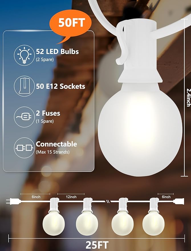 Indoor String Lights 50 FT Frosted White G40 LED Bulbs, Shatterproof