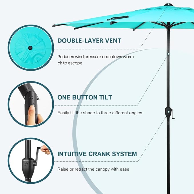 Abba Patio 9FT Lyon Outdoor Patio Umbrella Outdoor Table Umbrella with Push Button Tilt and Crank Market Umbrella 8 Sturdy Ribs UV Protection Waterproof for Garden Deck Backyard Pool, Turquoise