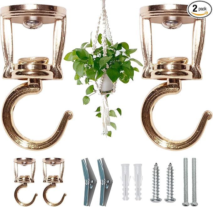 ONIKK Ceiling Hooks for Hanging Plants (2 PCS Gold), Heavy Duty Metal Plant Hooks, Screw in Hooks for Hanging Birdfeeders, Lamps, Planters, Indoor Outdoor Wall Baskets Hooks up to 33 lbs
