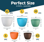 Multicolor Plant Pots with Drainage Holes & Saucers 5 Pack, Indoor & Outdoor Stackable Space-Saving Planters for Houseplants & Flowers, (7", 6.7", 6", 5.3", and 4.8" Inches), Durable & Weatherproof