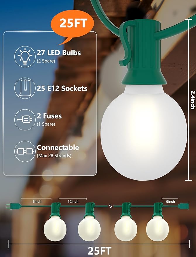 Globe String Lights 25 ft, 27 Frosted White G40 Bulbs