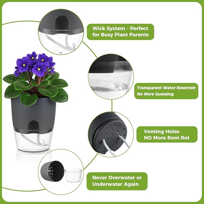 Planterhoma 8 Pack Self Watering Pots for Indoor Plants, 6 Inch Plant Pot Plastic Self Watering Planter for Orchid, African Violet, Small Clear Flower Pots with Drainage Holes and Wicking Rope, Gray
