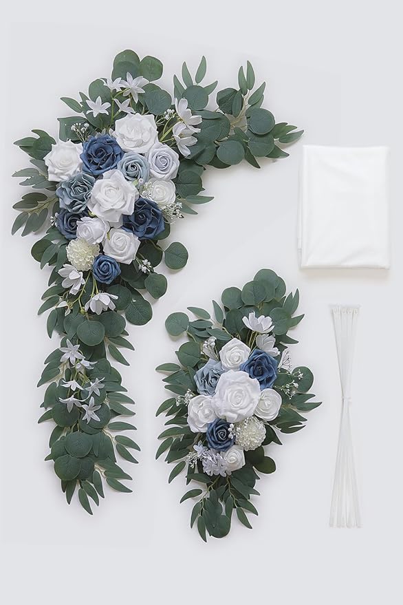 Artificial Flowers Wedding Arch Swag Kit, Dusty Blue and White, 26 Ft Drape