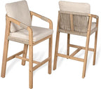 JONATHAN Y BSL1200A-SET2 Porto Modern Coastal Tub Roped Acacia Wood Outdoor Bar Stool with Cushions and Armrests Modern, Coastal, Contemporary, Rustic, Garden Room, Patio, Beige/Light Teak (Set of 2)