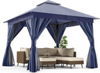 LAUSAINT HOME Semi-Permanent Outdoor Patio Gazebo 10'x10', Heavy Duty Party Tent Shelter with Double Roofs, Mosquito Nettings and Privacy Screens for Backyard, Garden, Lawn, Navy Blue