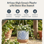 Blue Sky Clayworks 5" Hanging Chantel Blue Planter, Ceramic, 6" x 6" x 5", Soft Blue Damask & Clay Foot