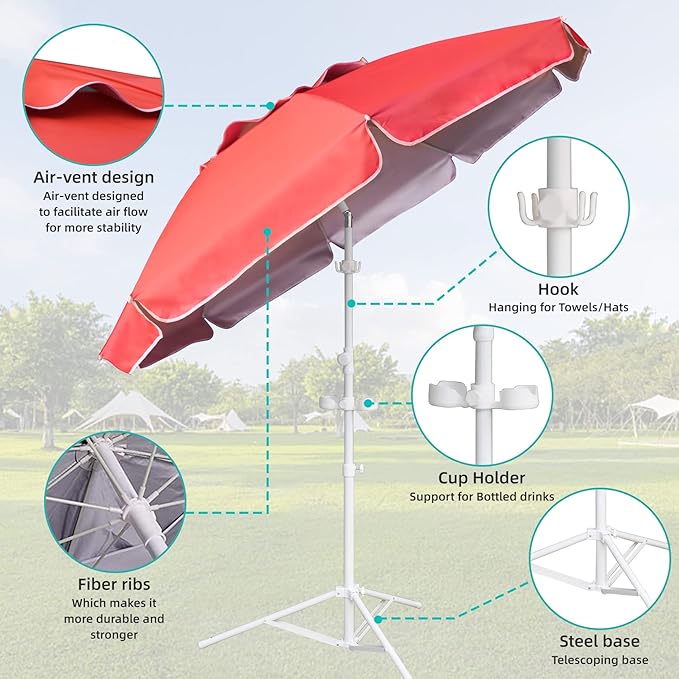 AMMSUN Shade Umbrella, Premium Portable Umbrella with Stand, 6.5ft Lightweight Free Standing Canopy for Sporting Games, Adjustable Instant Sun Protection and Easy to Carry, Pink