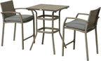 Outsunny 3 PCS Rattan Wicker Bar Set with Wood Grain Top Table and 2 Bar Stools for Outdoor, Patio, Poolside, Garden, Grey