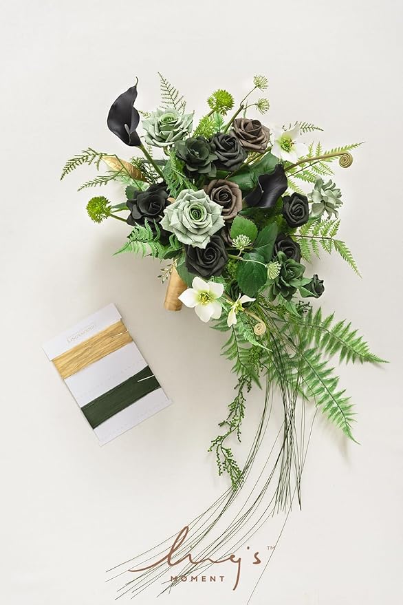Artificial Flowers Cascading Bridal Bouquet in Forest Green and Gold