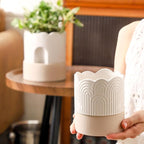 Nihow Self Watering Plant Pot: 4.5 Inch Ceramic Planter with Drainage Hole & Water Storage Plus for Indoor & Outdoor Plants - Cylinder Flower Pot for Herbs/Violets - Beige & Nature