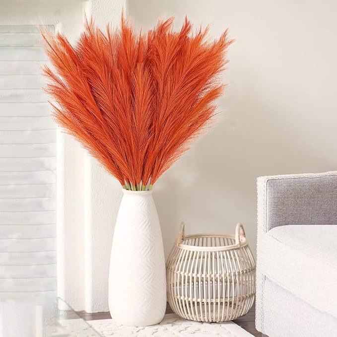 Faux Pampas Grass Stems 8 Pack, 35 Inch Burnt Orange Silk Greenery