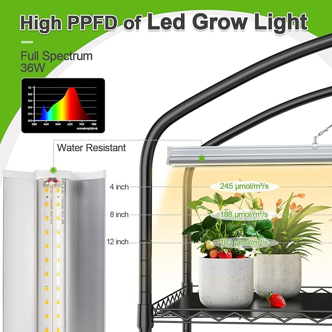 Abimars 5-Tier Greenhouse with Grow Light, Shelf Height Adjustable Metal Plant Shelf with PVC Cover and Wheels, Includes 5-Pack 2900K Full Spectrum Plant Lights, 21x49x80inch