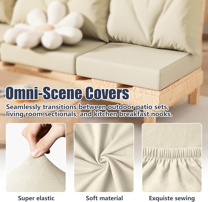 Cushion Covers 8 Pack, Beige Stretch-Fit Outdoor Patio Replacement