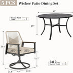 Patio Dining Set 5 Piece, 4 x Woven Rattan Swivel Chairs with Waterproof Cushion, 42” Metal Round Dining Table with Umbrella Hole, Outdoor Table and Chairs Set for Backyard Lawn and Deck, Beige