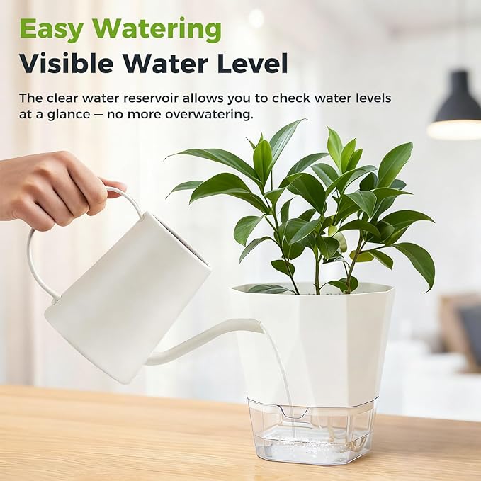 6 Pack Self Watering Pots for Indoor Plants, 8.4 Inches Self Watering Planters Large African Violet Self Watering Clear Pots for Plants Large Herb Orchid Flower Houseplant Pots, White
