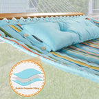 12 FT Double Quilted Fabric Hammock with Spreader Bars and Pillow 450 LBS Weight Capacity 2 Person Hammock for Outdoor Patio Backyard Poolside Blue Stripes