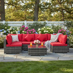 Tangkula 7 Pieces Wicker Patio Furniture Set, All-Weather Outdoor Rattan Sectional Sofa Set with Cushions & Tempered Glass Coffee Table, Outside Sofa Set for Garden, Lawn, Deck, Backyard (Red)