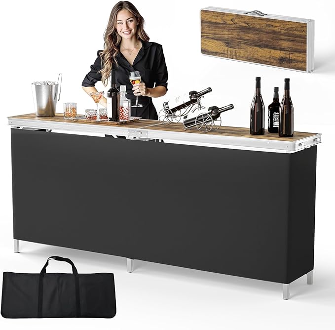VINGLI 78" Portable Bar Table, 2-Tier Shelves, Mobile Bar Table for Events, Party, Camping, Picnic, Tradeshow, Indoor with Black Skirt