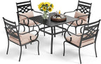 PHI VILLA 5 Pieces Outdoor Dining Set for 4, 37" Square Black Metal Table with Umbrella Hole & Wrought Iron Chairs, All Weather Large Outside Furniture with Cushions & Pillows for Patio, Deck, Porch