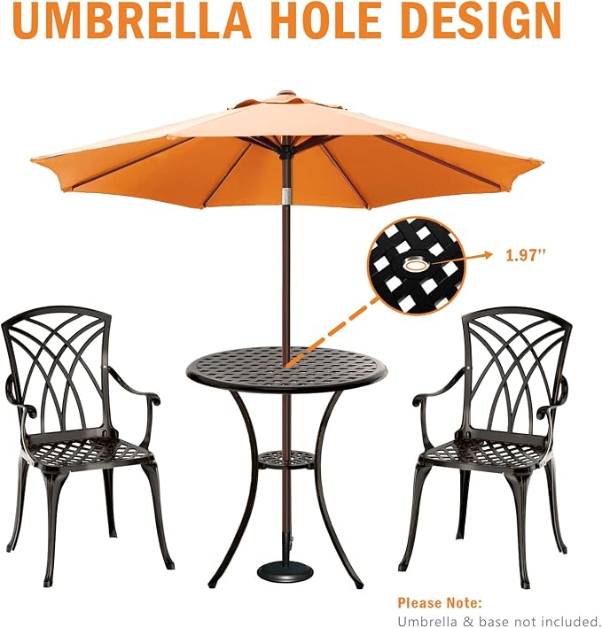 Bistro Set for 2, Black Cast Aluminum Table and Chairs with Umbrella Hole