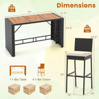 COSTWAY 7 PCS Patio Rattan Wicker Bar Set, 30'' Bar Height Chairs with Back, Footrest and Cushion, Outdoor Table with Wooden Top for Backyard Garden Deck