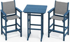 SERWALL 3 Pieces Textilene Adirondack Bar Set, Tall Adirondack Bar Height Chairs with Bar Table, Sling Balcony Adirondack Chairs, Weather Resistance Resin Outdoor Bar Height Stools, Blue