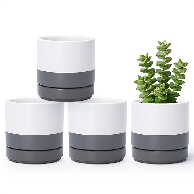 Planters, 4-Pack Modern Ceramic Pots with Drainage Holes and Saucers