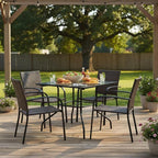 Tangkula 35 Inch Patio Dining Table with Tempered Glass Top, Square 4-Person Outdoor Bistro Table with 1.5" Umbrella Hole & Sturdy Metal Frame, Patio Dining Table for Backyard, Lawn, Deck & Poolside