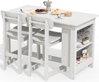SERWALL 3-Piece Outdoor Counter Height Bar Set, HDPE Patio Bar Table with Wine Rack & Storage Shelf, 2 All-Weather Bar Stools, Patio Bar Dining Furniture Set for 3, White