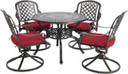 Cast Aluminum Outdoor Patio Dining Set, All Weather Outdoor Furniture Dining Set for Patio, Balcony, Lawn, Garden, Backyard (1 Round Table+4 Red Swivel Dining Chairs)