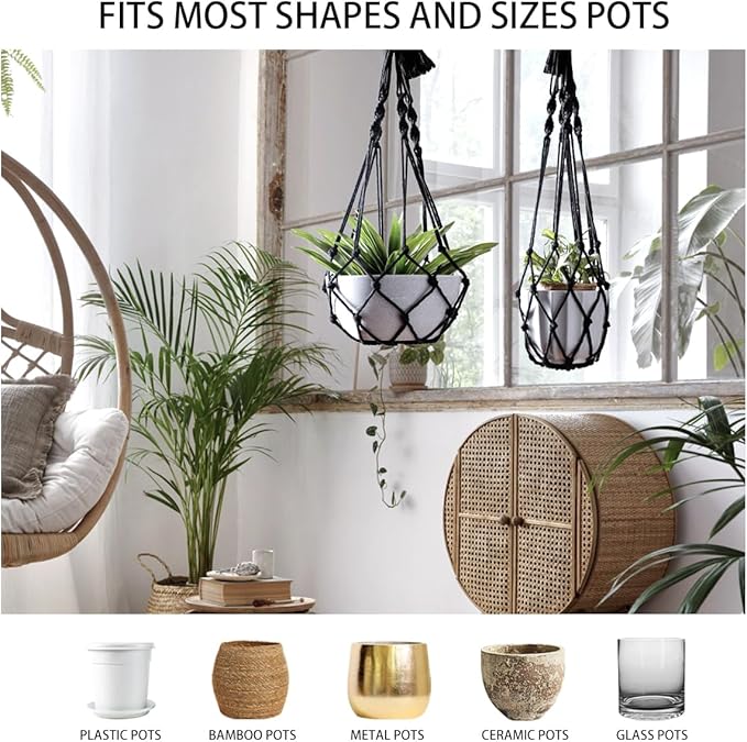 Artilady Black Plant Hanger Macrame Hanging Planter for Indoor Boho Plants Holder with Hooks Hanging Plant Basket Outdoor Window Wall Plants Home Decor (Black Macrame-2pcs)