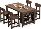 SERWALL Outdoor Bar Table and Chairs Set, 5-Piece HDPE Counter Height Patio Dining Sets with Storage and Wine Rack, Rectangular High Top Bar Table with 4 Bar Stools for Garden, Backyard, Brown