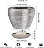Flower Pot - 10 Inch Planter with Drainage Hole and Saucer - Indoor/Outdoor Decorative Mid-Century Planter - Silver
