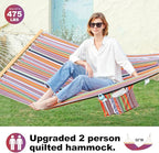 2 Person 12FT Hammocks for Outside, Double Quilted Fabric Outdoor Hammock with Spreader Bar, Large Removable Pillow, Storage Pockets, Carabiners, Max 475 lbs Capacity (Sunset Red Stripe)