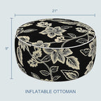 LVTXIII Indoor/Outdoor Inflatable Ottoman with Handle D21 x H9 Inch, Weather-Resistant Round Footstool Pouf for Patio Camping Living Room, Portable Footrest Extra Seating, Elegant Vines Black